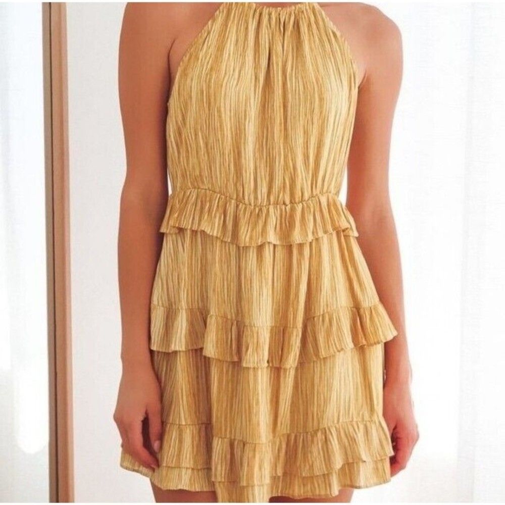 LuLu’s Downright Darling Mustard Yellow Ruffled Halter Mini Dress Women’s Small